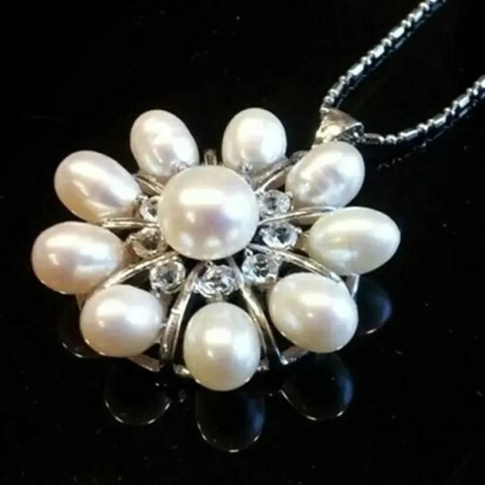 White 10-Pearl Freshwater & Center Akoya 30mm Pendant Necklace 16" 18K WGP